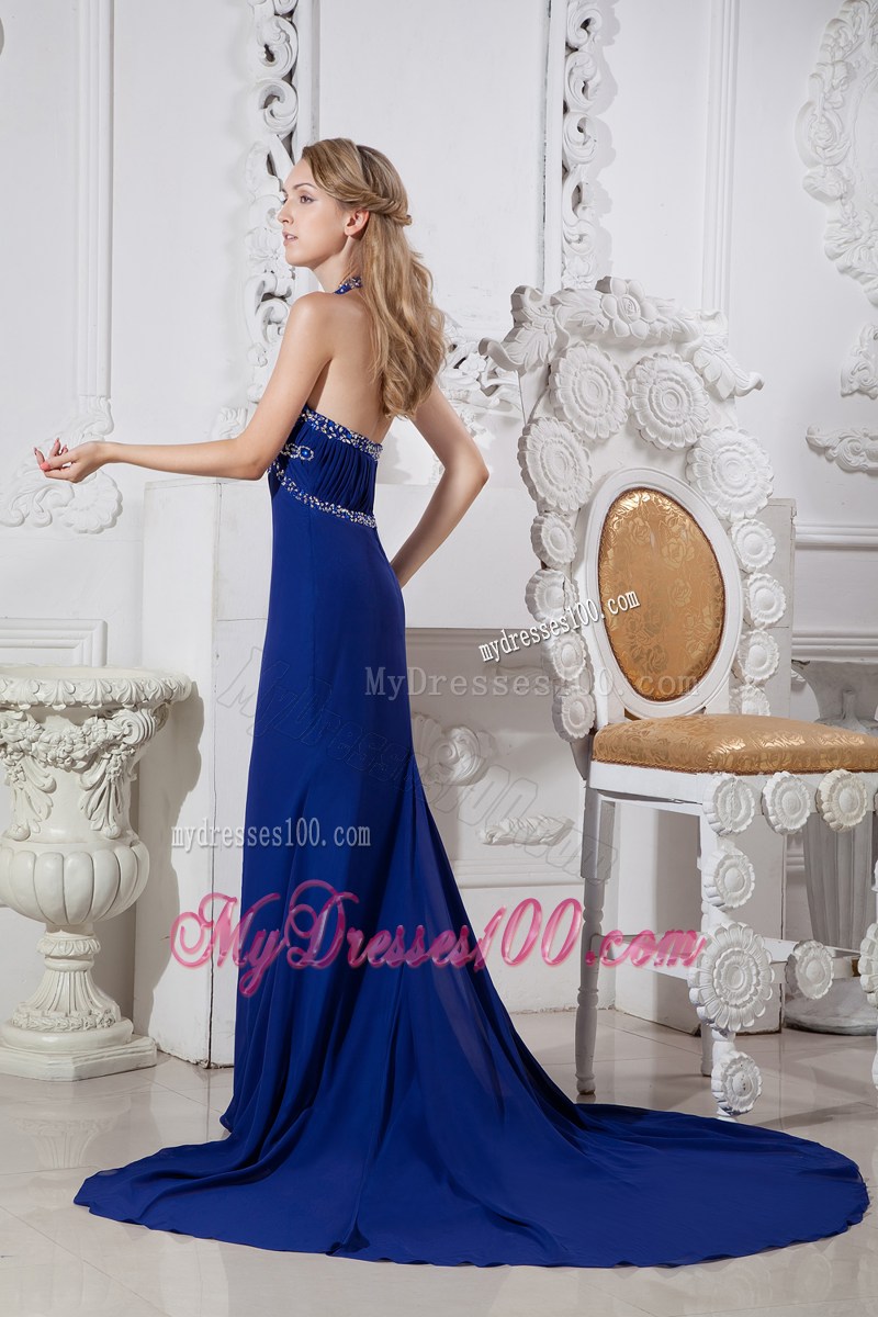 Halter Royal Blue Prom Dress with Beading and Chapel Train