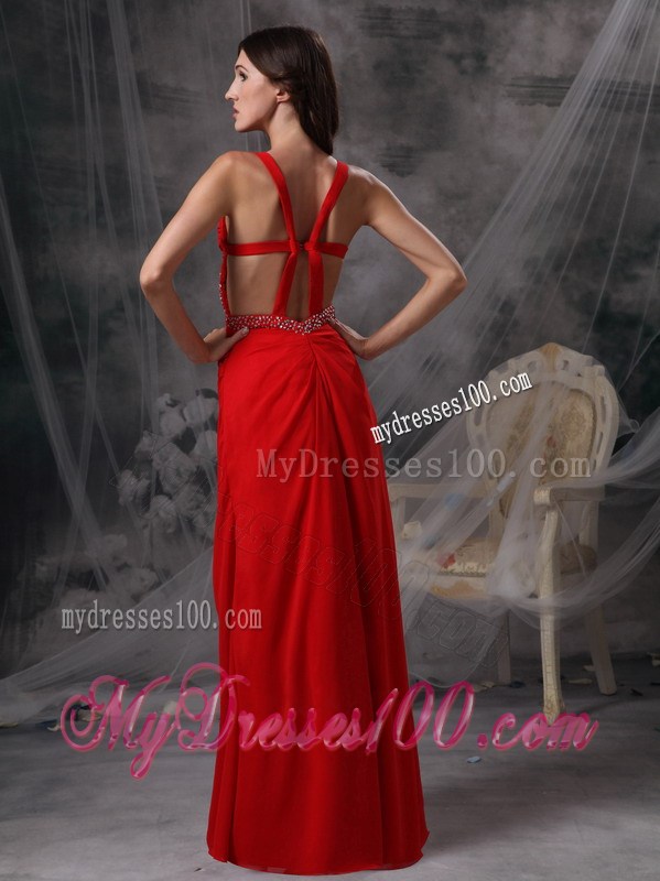 Discount Red Empire Straps Prom Celebrity Dress with Beading