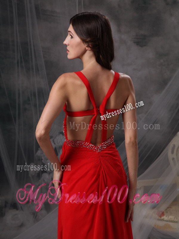 Discount Red Empire Straps Prom Celebrity Dress with Beading
