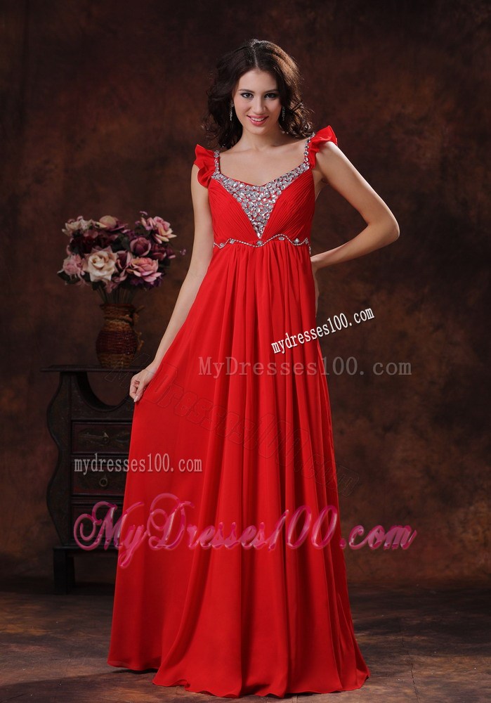 Beading and Ruche Decorate Red Prom Dress Square Neckline