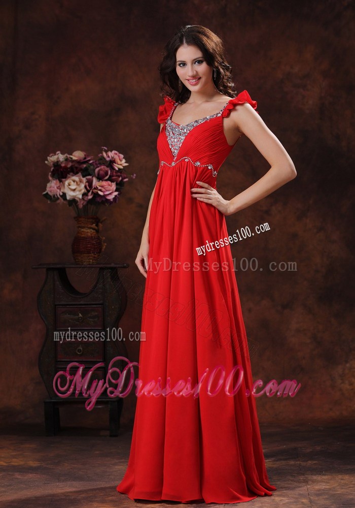 Beading and Ruche Decorate Red Prom Dress Square Neckline