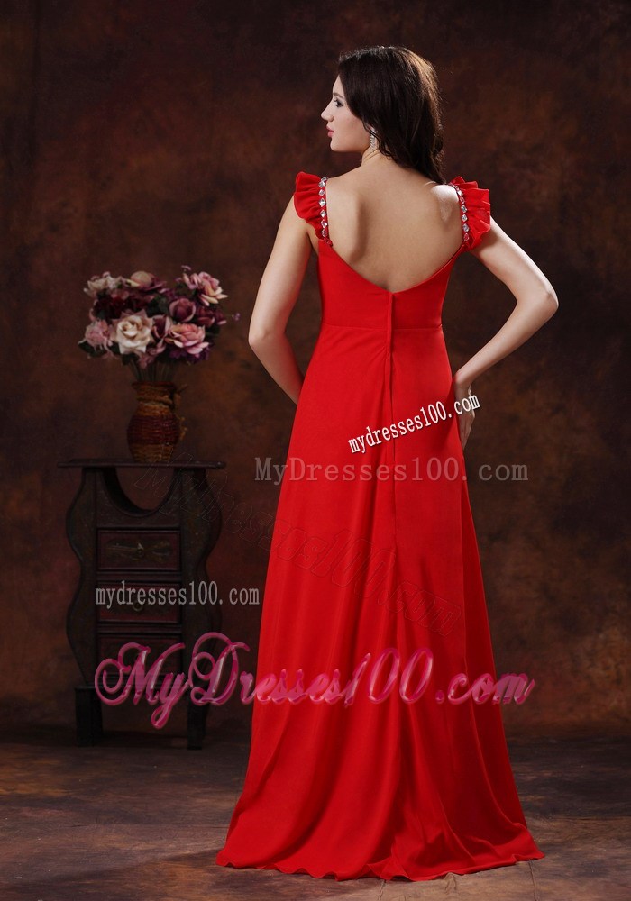 Beading and Ruche Decorate Red Prom Dress Square Neckline