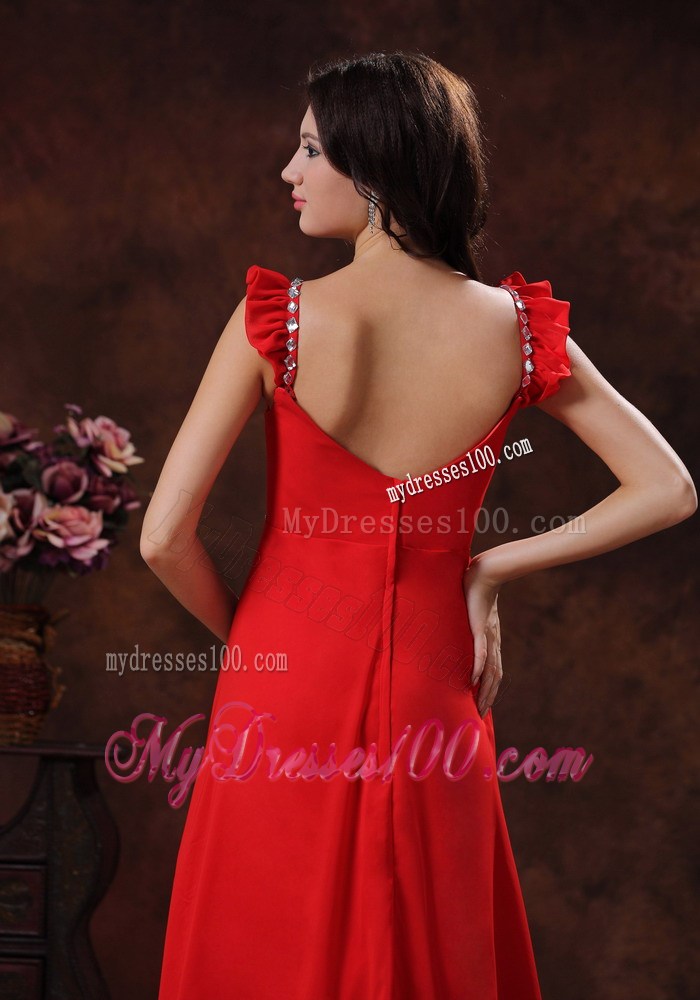 Beading and Ruche Decorate Red Prom Dress Square Neckline