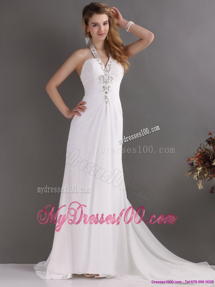 Beautiful 2016 Halter Top White Evening Dress with Ruching and Beading