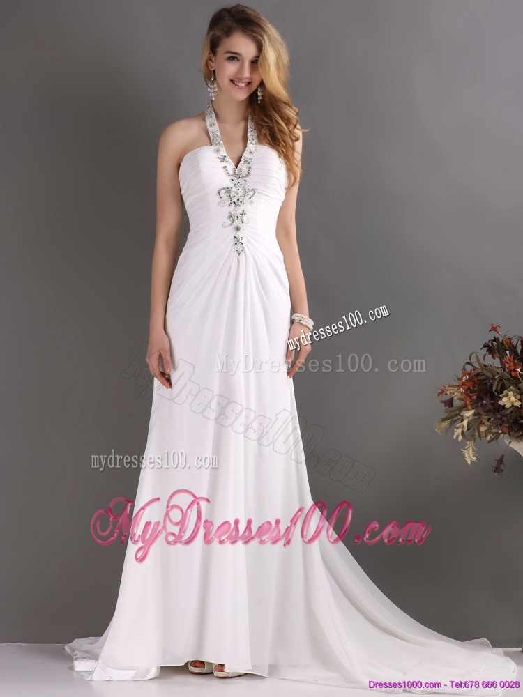 Beautiful 2016 Halter Top White Evening Dress with Ruching and Beading