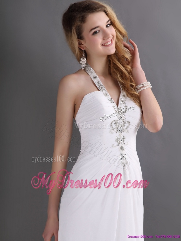 Beautiful 2016 Halter Top White Evening Dress with Ruching and Beading