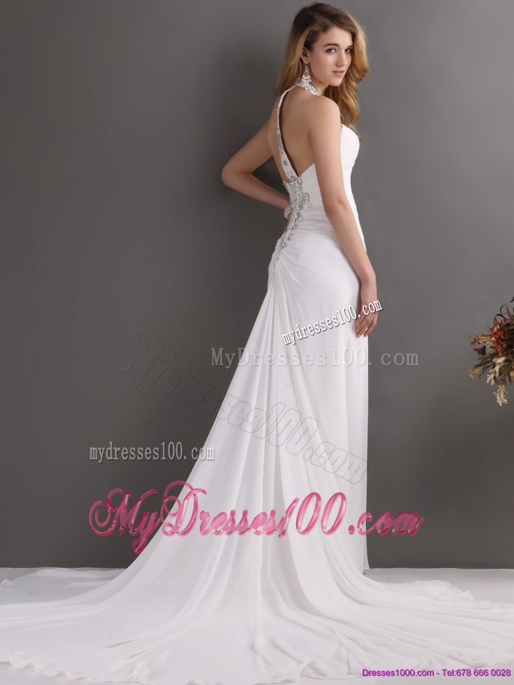 Beautiful 2016 Halter Top White Evening Dress with Ruching and Beading