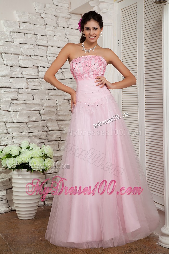 Baby Pink A-line Appliqued Prom Dress of Floor-length