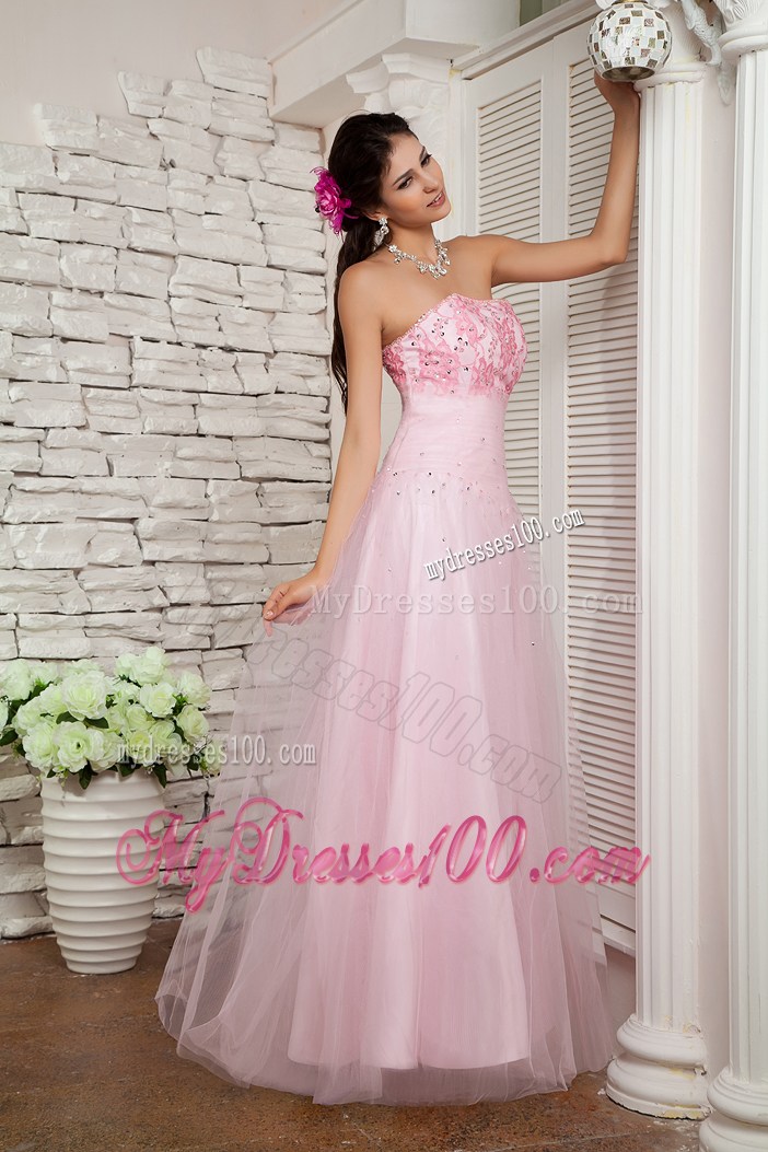 Baby Pink A-line Appliqued Prom Dress of Floor-length