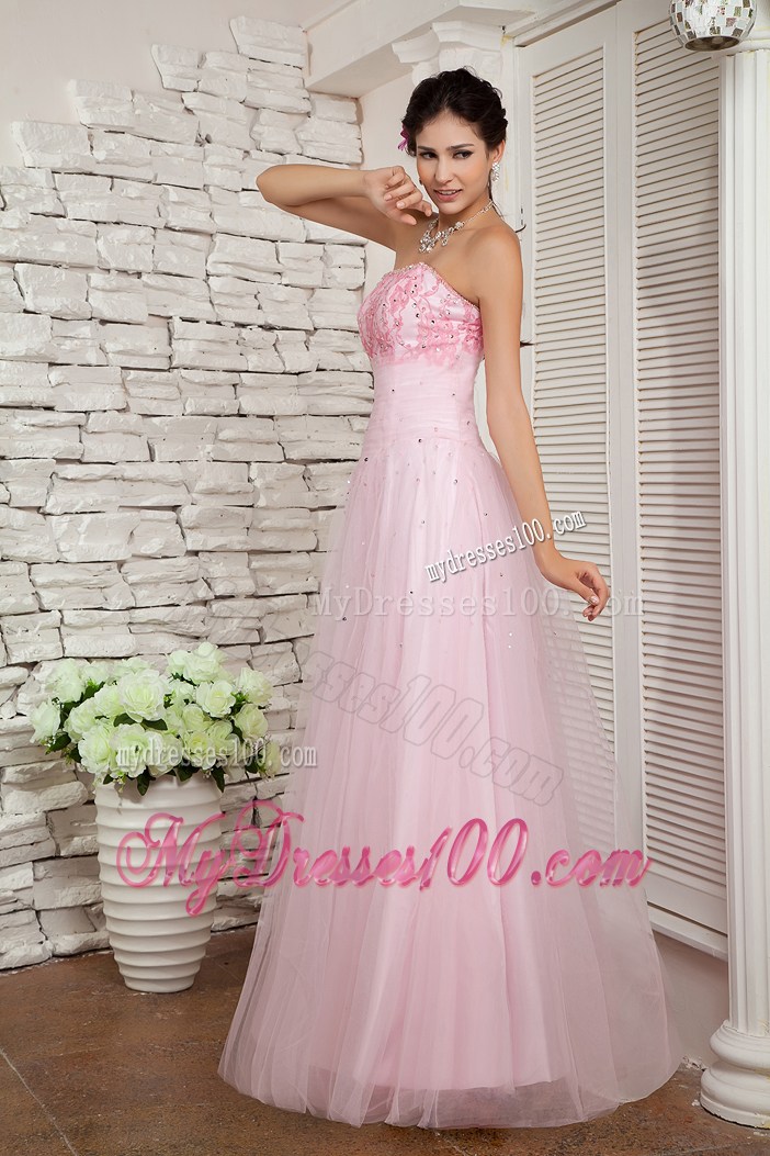 Baby Pink A-line Appliqued Prom Dress of Floor-length