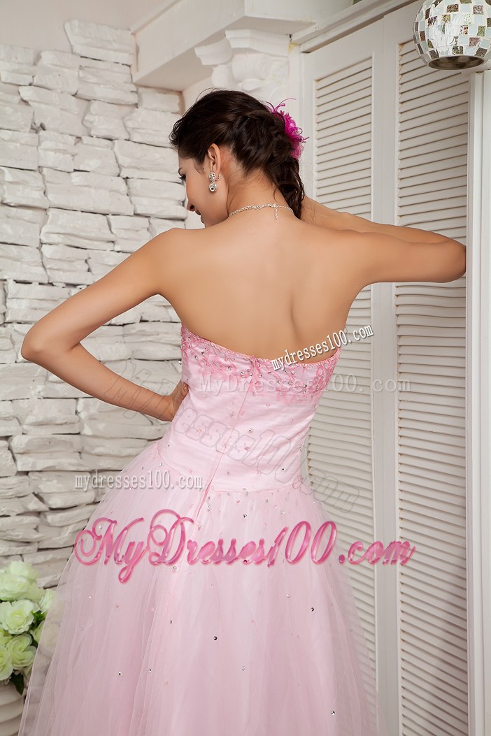 Baby Pink A-line Appliqued Prom Dress of Floor-length