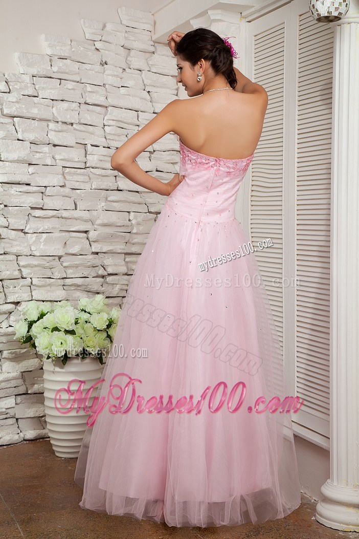Baby Pink A-line Appliqued Prom Dress of Floor-length