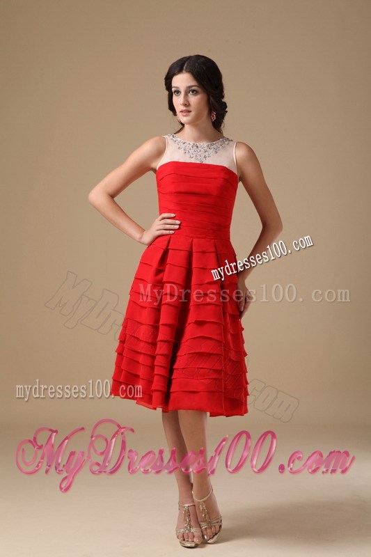 Cheap Layered and Beaded Red Knee-Length Prom Dresses