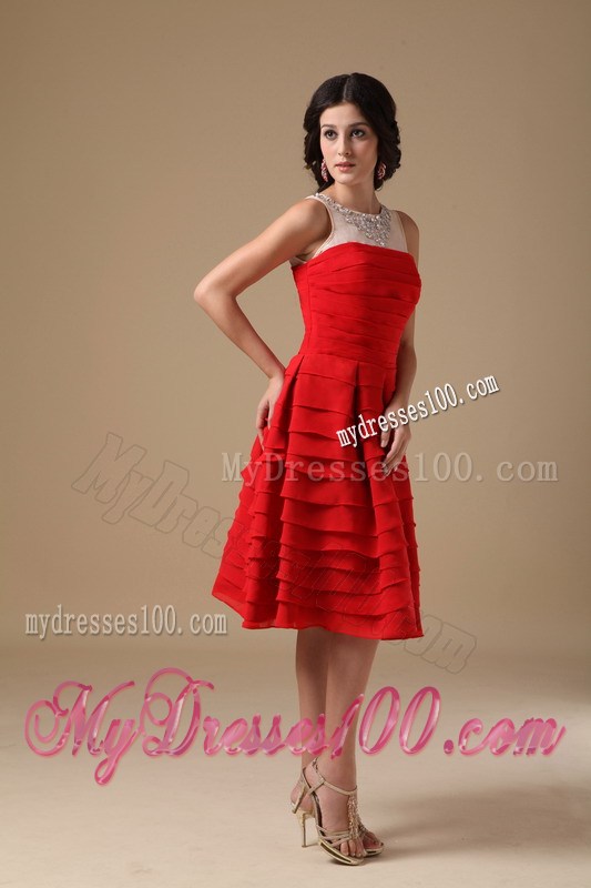 Cheap Layered and Beaded Red Knee-Length Prom Dresses