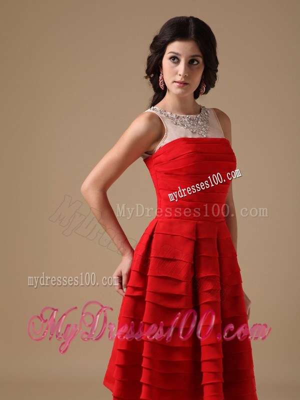 Cheap Layered and Beaded Red Knee-Length Prom Dresses