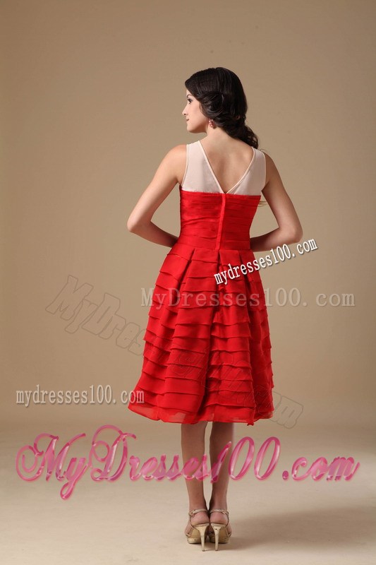 Cheap Layered and Beaded Red Knee-Length Prom Dresses