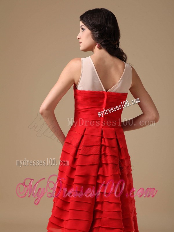 Cheap Layered and Beaded Red Knee-Length Prom Dresses