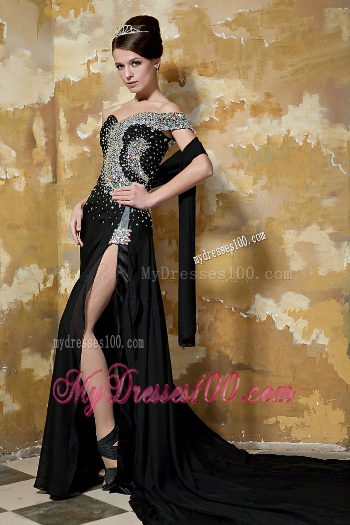 off-the-Shoulder Beaded Black Prom Gown with Side Slit