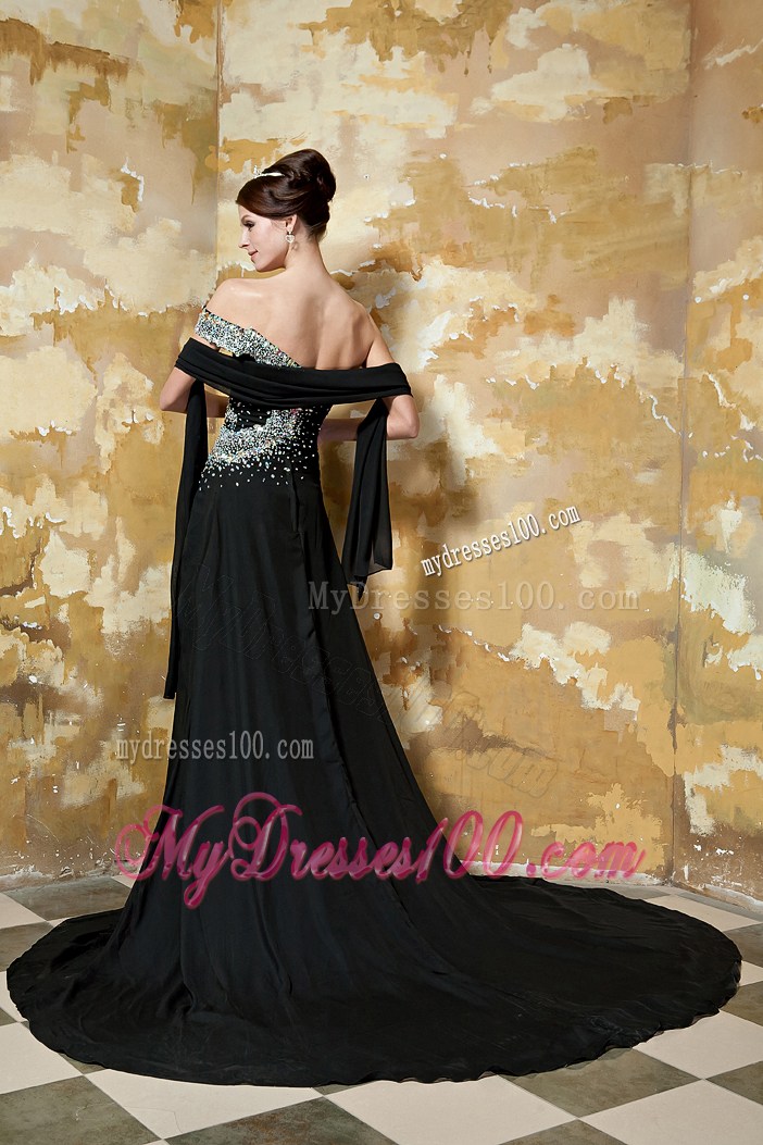 off-the-Shoulder Beaded Black Prom Gown with Side Slit