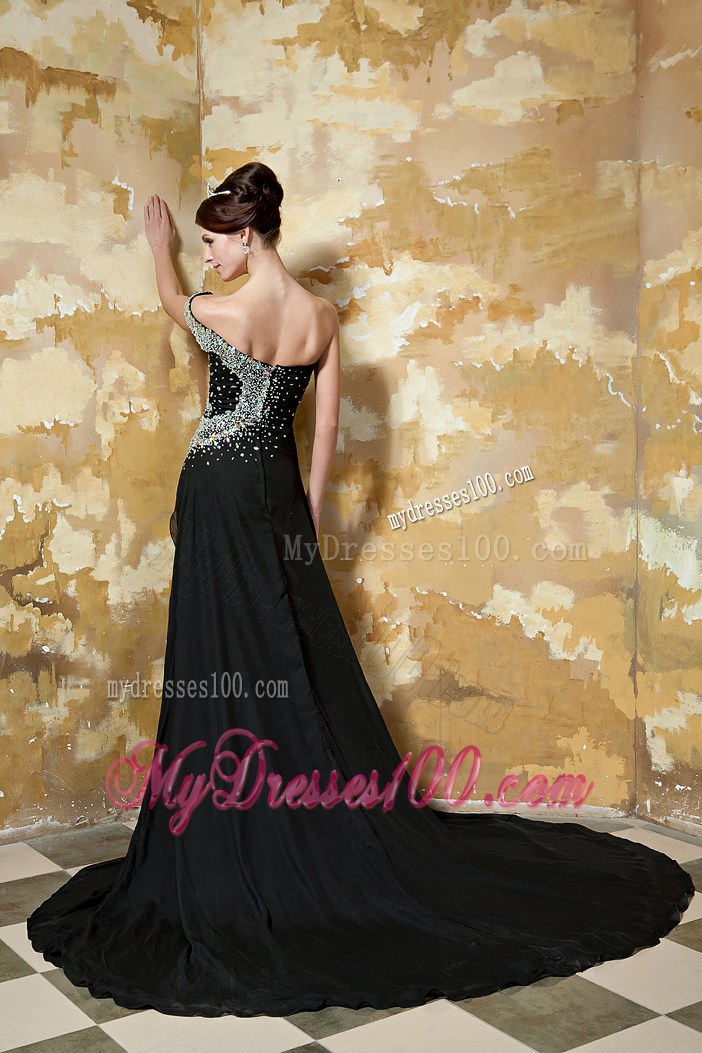 off-the-Shoulder Beaded Black Prom Gown with Side Slit