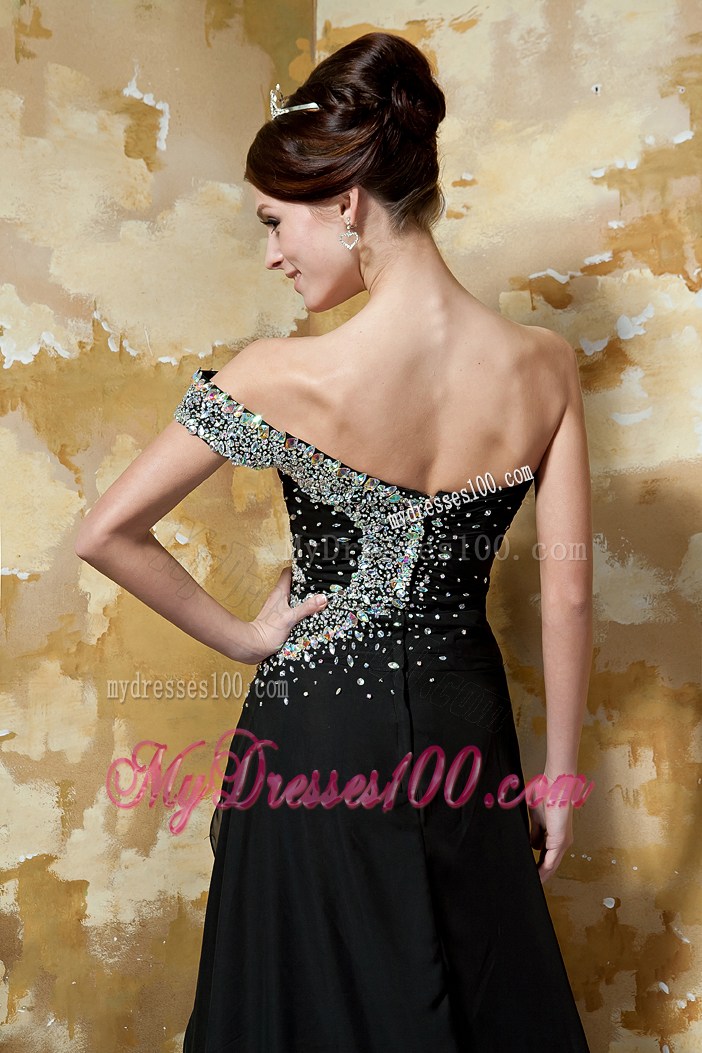 off-the-Shoulder Beaded Black Prom Gown with Side Slit