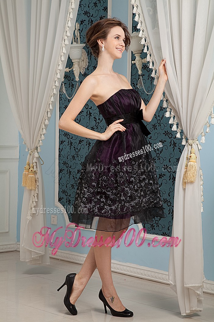 Knee-length Ruched and Appliqued Prom Dresses with Bowknot