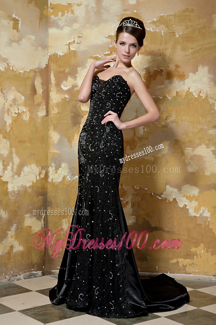 Black Column Dresses for Prom with Brush Train and Sequins