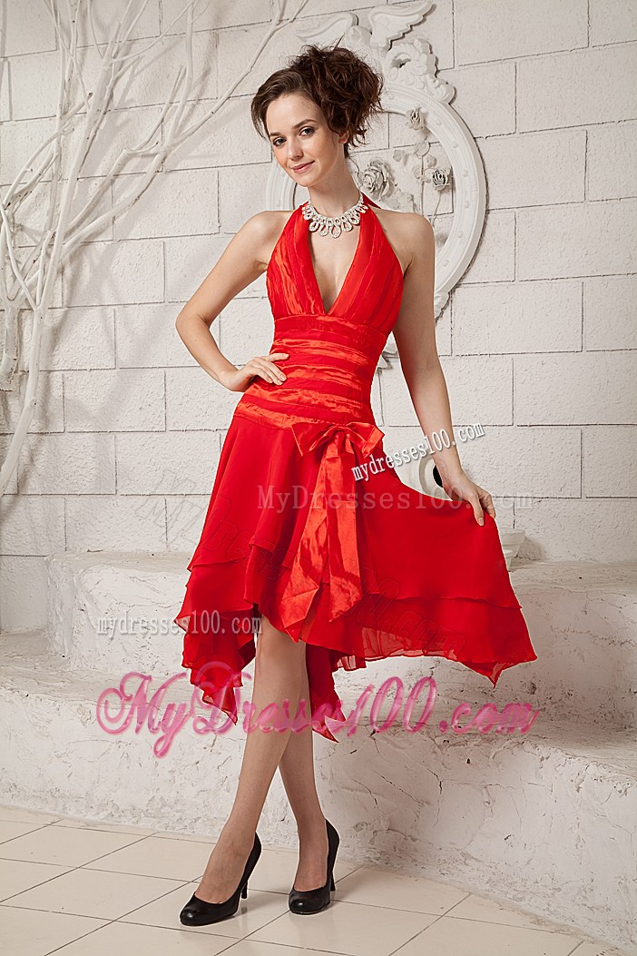 Halter Top Plunging V-neck Ruching Prom Dress with Ruffles and Bowknot
