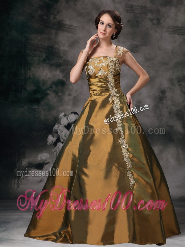 Brown Princess Prom Gown with Straps and Appliques
