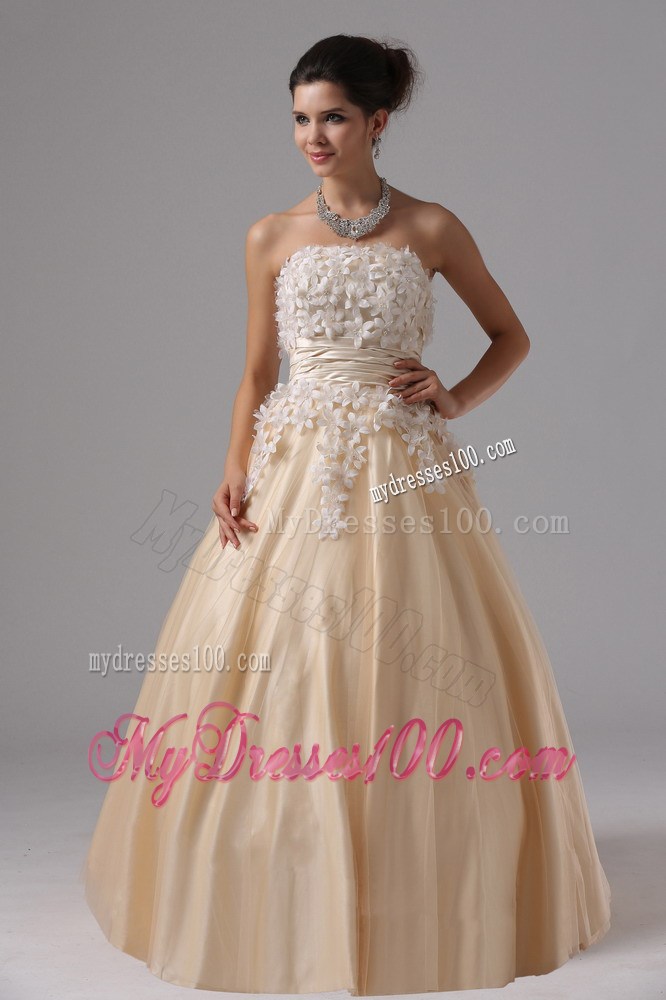 Champagne For 2013 Stylish Ball Gown Prom Dress Appliques Decorate
