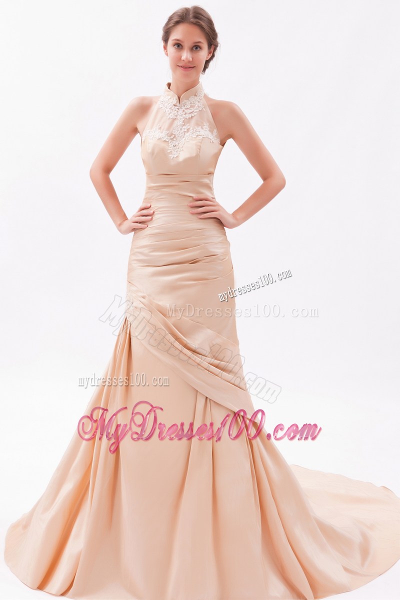 High-Neck Champagne Prom Dresses with Court Train