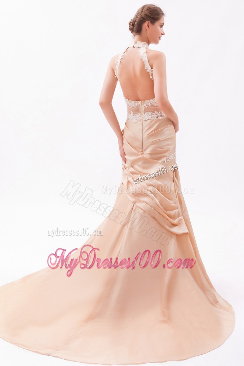 High-Neck Champagne Prom Dresses with Court Train