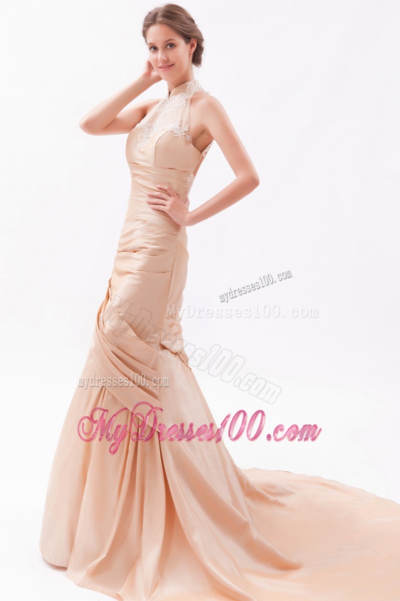 High-Neck Champagne Prom Dresses with Court Train