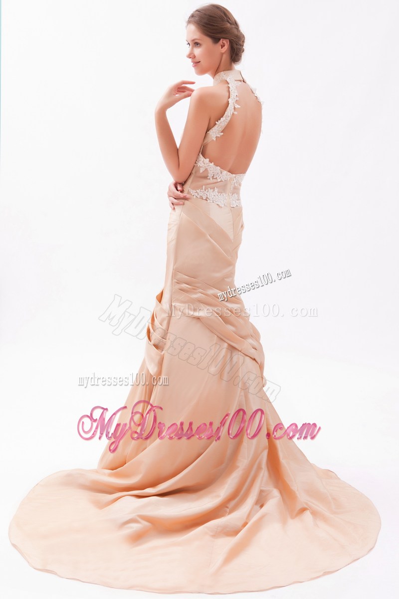 High-Neck Champagne Prom Dresses with Court Train