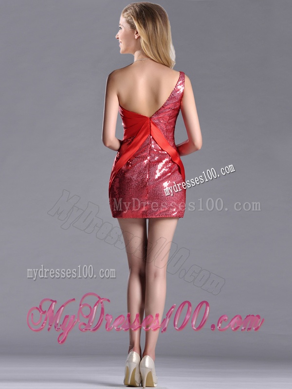 Cheap Column Beaded One Shoulder Red Evening Dress in Sequins