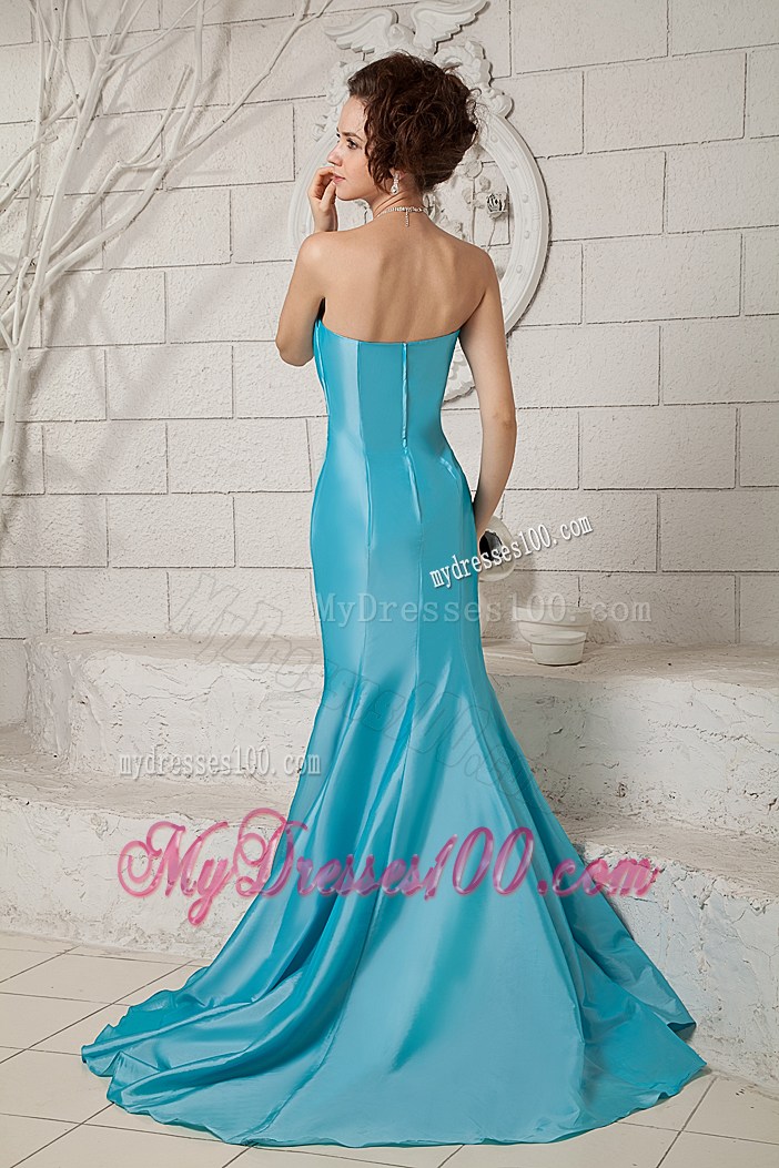 Ruffled Neckline Mermaid Dress for Prom Decorated with Beading and Court Train