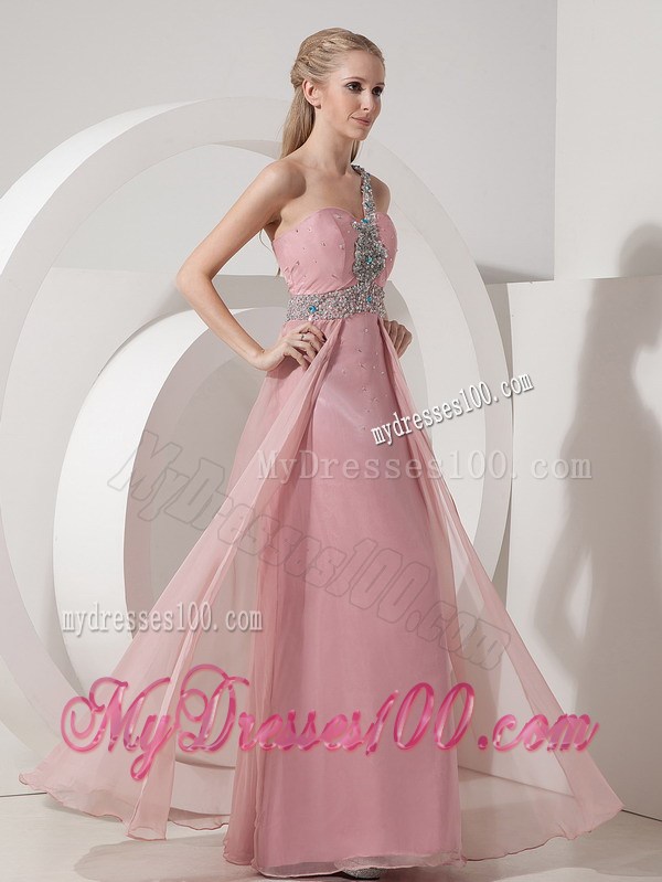 Pink Column One Shoulder Chiffon Prom Dress Beading Decorate