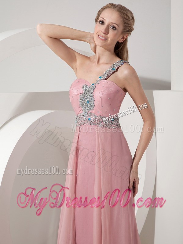 Pink Column One Shoulder Chiffon Prom Dress Beading Decorate
