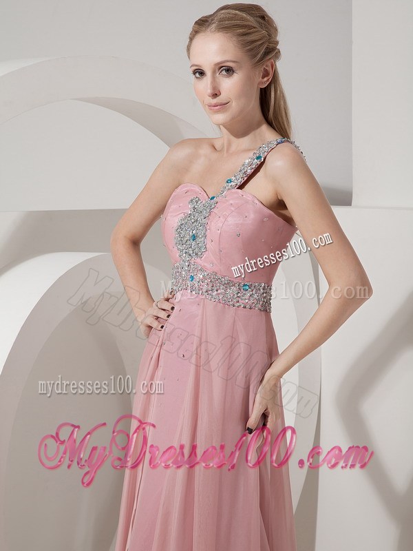 Pink Column One Shoulder Chiffon Prom Dress Beading Decorate