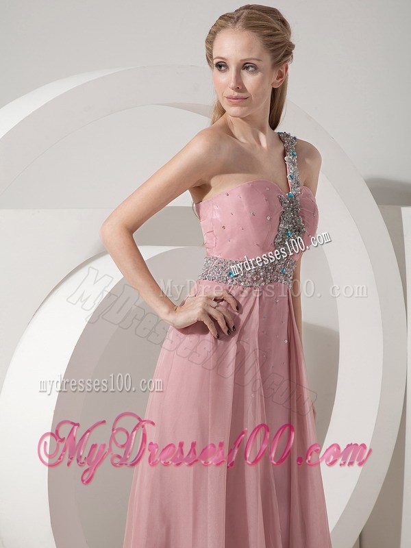 Pink Column One Shoulder Chiffon Prom Dress Beading Decorate