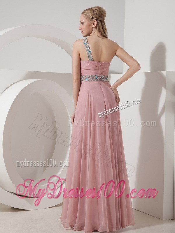 Pink Column One Shoulder Chiffon Prom Dress Beading Decorate