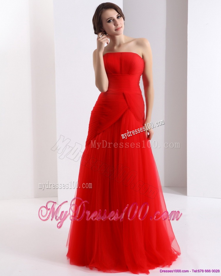 Classical Strapless Floor Length Ruching Evening Dress in Red