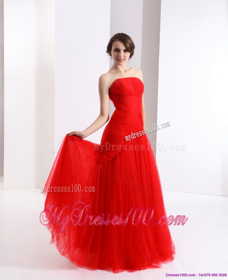 Classical Strapless Floor Length Ruching Evening Dress in Red
