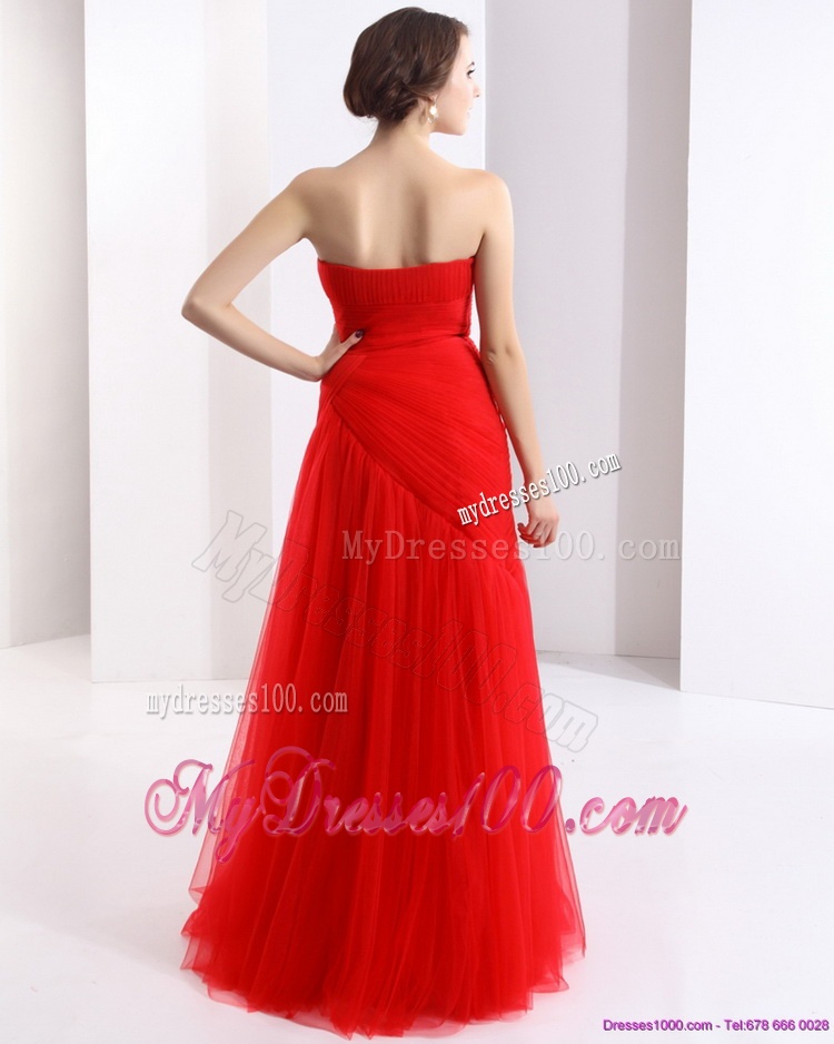 Classical Strapless Floor Length Ruching Evening Dress in Red