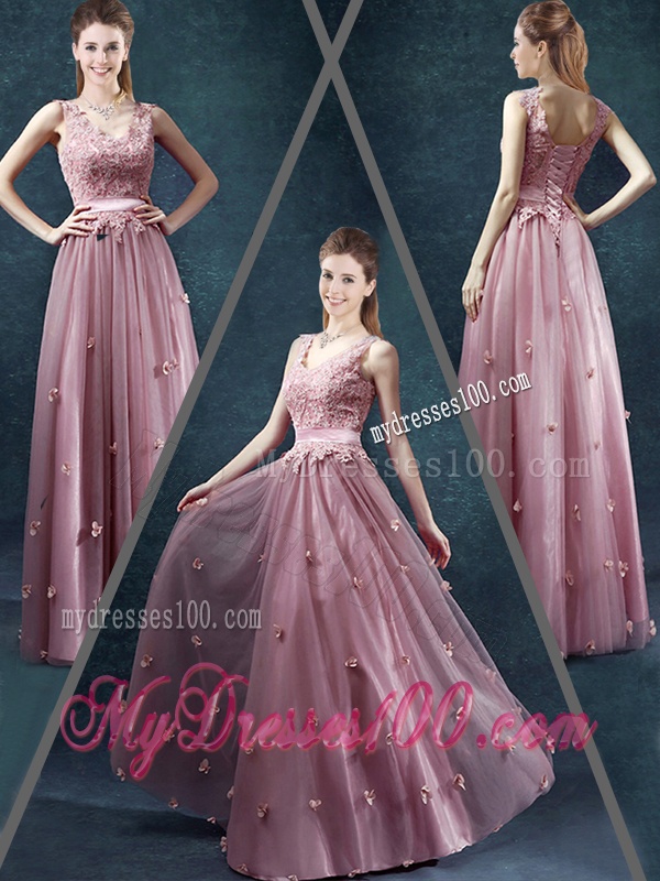 Classical V Neck Evening Dresses with Appliques and Belt