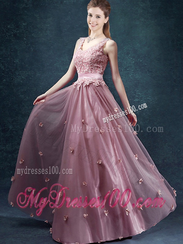 Classical V Neck Evening Dresses with Appliques and Belt