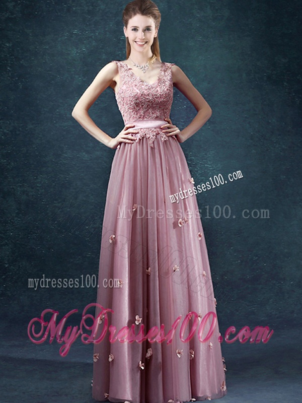 Classical V Neck Evening Dresses with Appliques and Belt