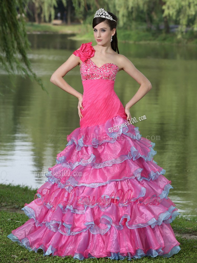 Hand Made Flower One Shoulder Prom Dresses with Ruffled Layers and Beadings