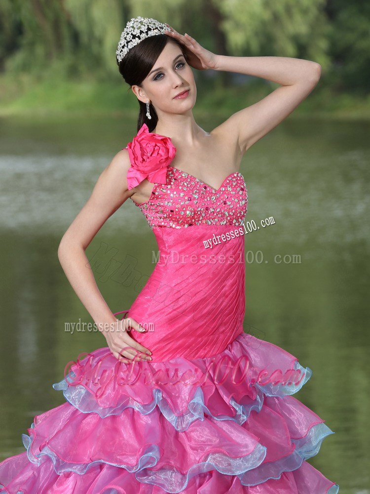 Hand Made Flower One Shoulder Prom Dresses with Ruffled Layers and Beadings
