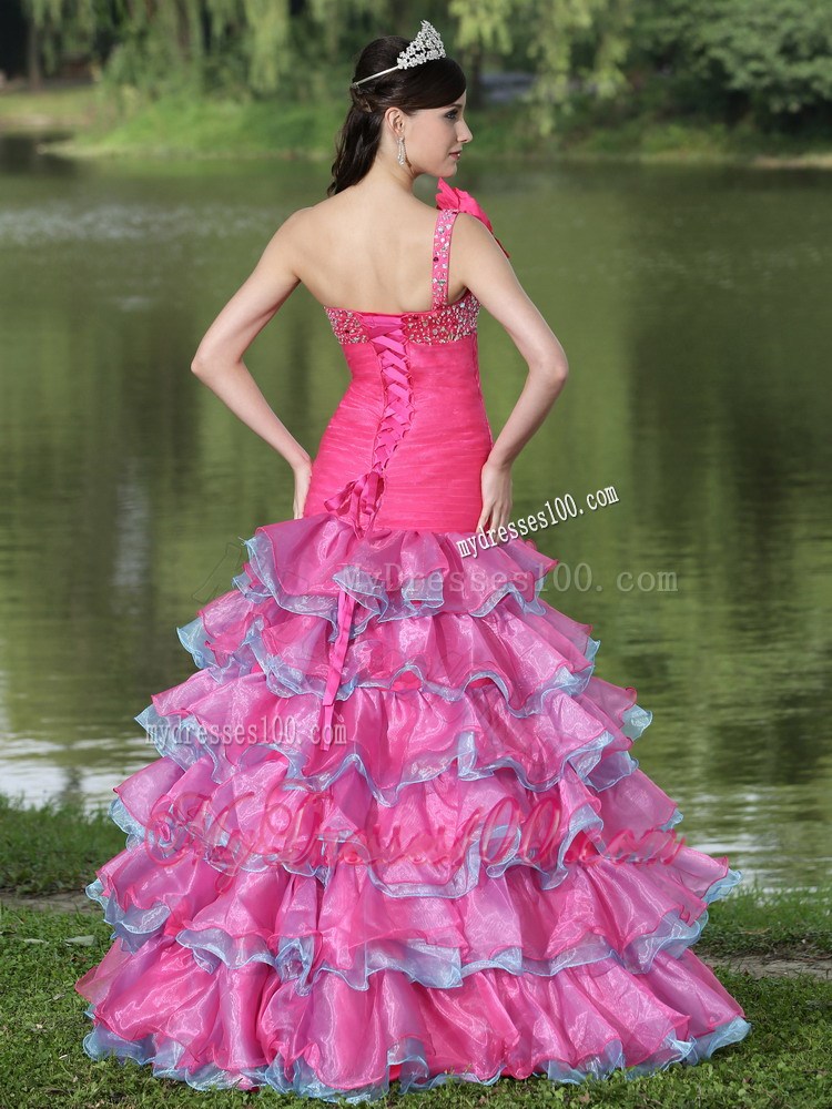 Hand Made Flower One Shoulder Prom Dresses with Ruffled Layers and Beadings
